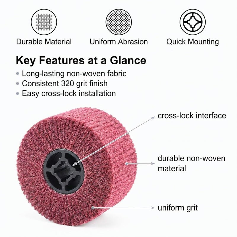 JUNLIXN 4.5" x 4" Non Woven Abrasive Drawing Drum, 3/4" Quad Keyway Burnishing Wheel for Hand held Polishing Machine 320 Grit Sanding Drum Surface Conditioning Tool (Pack of 2) - Image 3